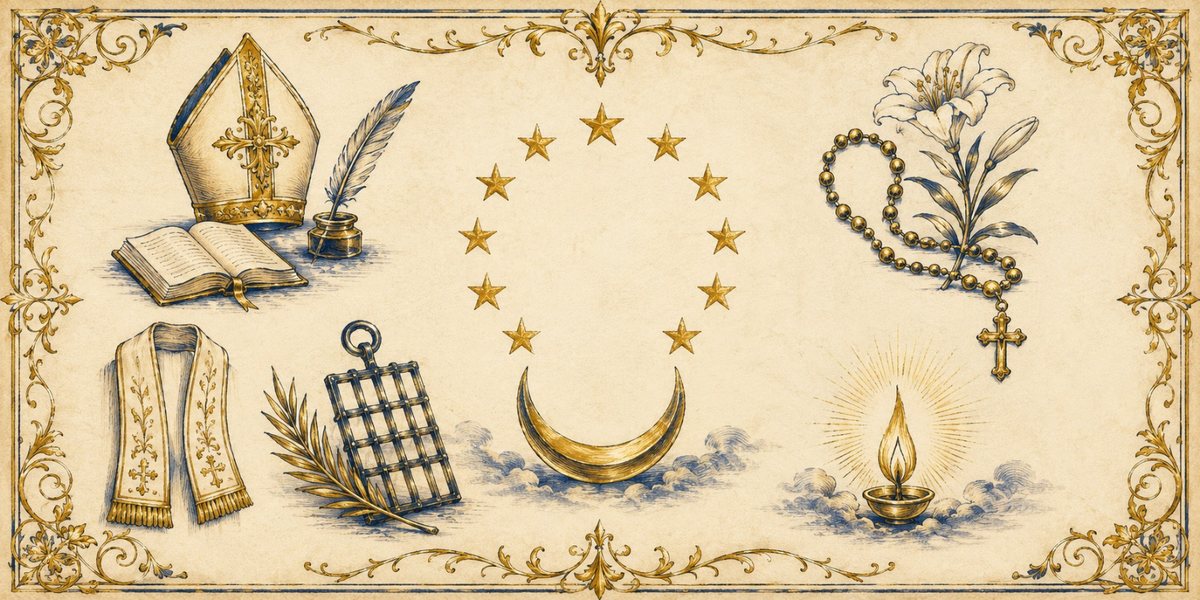 The saints of August &mdash; mitre and quill, stole, gridiron and palm, the crown of twelve stars, lily and rosary, and a steady flame